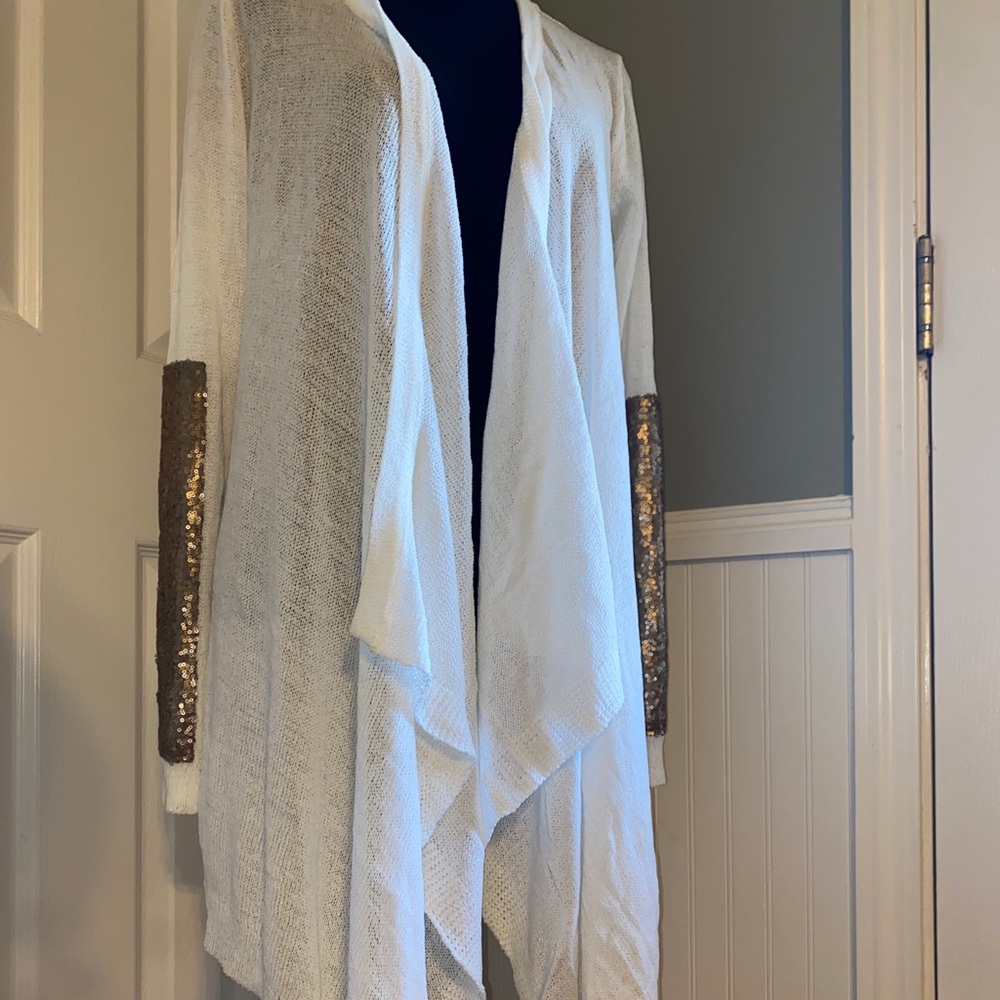L Love White Cardigan with Sequin Elbow NWT